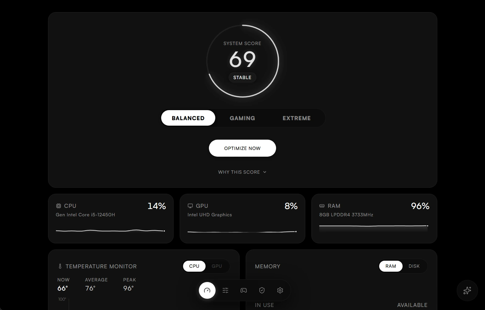 X TWEAKS PRO — System Score 69, Balanced / Gaming / Extreme modes, live CPU, GPU and RAM monitoring